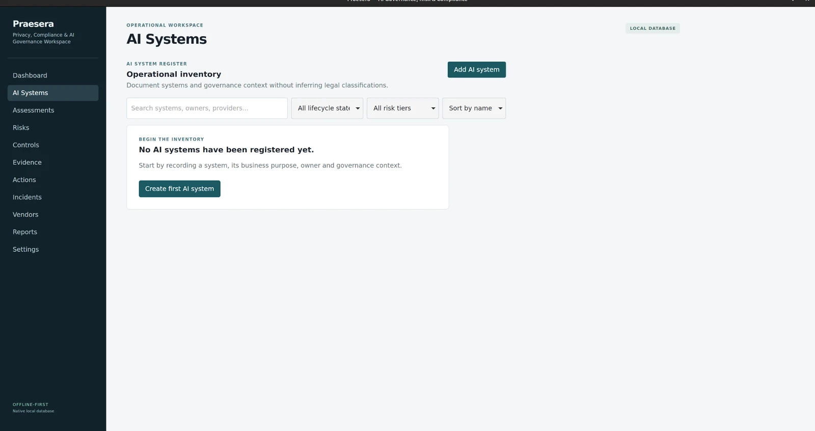 Praesera AI System Register showing an AI system record and its governance context