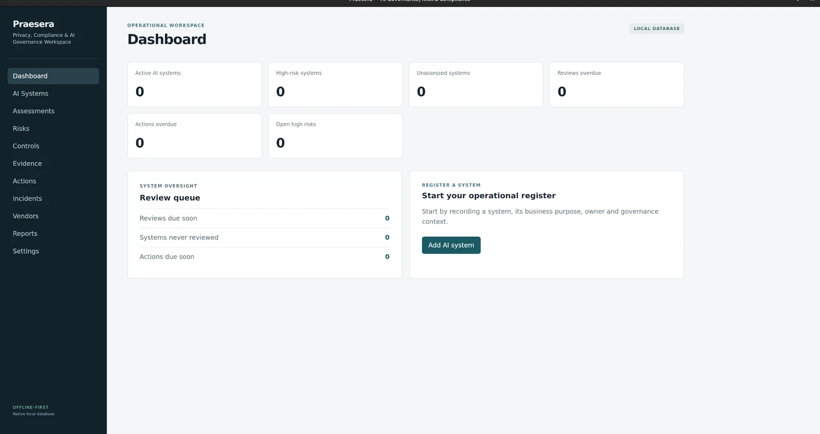 Praesera desktop workspace showing current system oversight, review work and outstanding actions